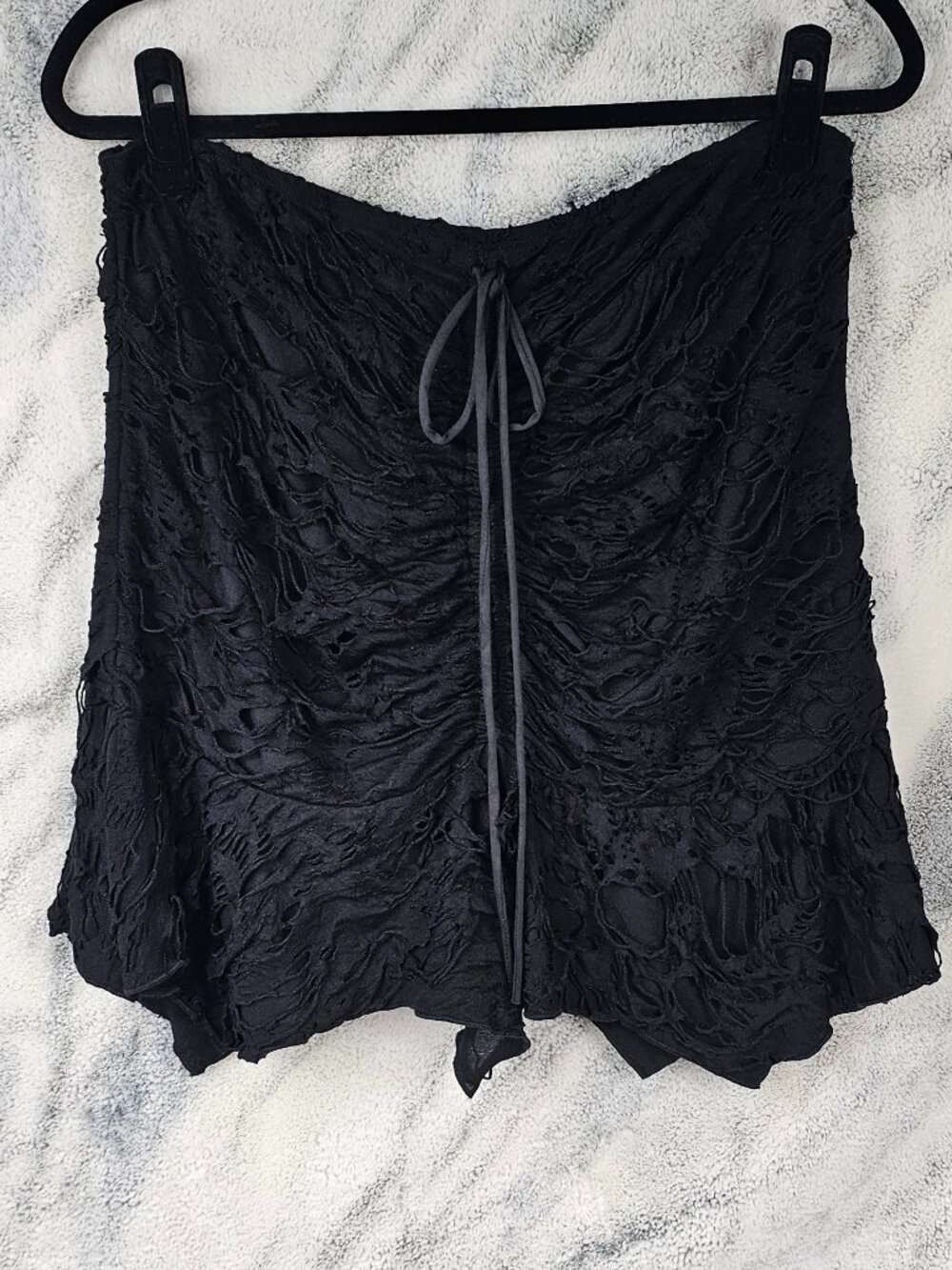 Widow XXL Shredded Strappy Black Ruched Mini Skirt Distressed Handkerchief Hem